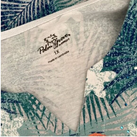 Palm Grove Woman Tropical Print  Beads 3/4 Sleeve Blouse 1X - Picture 6 of 7